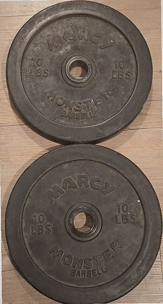 Vintage Marcy Monster Barbell 2 x 10 lb Weight Plates Rubber Coated Dumbbell