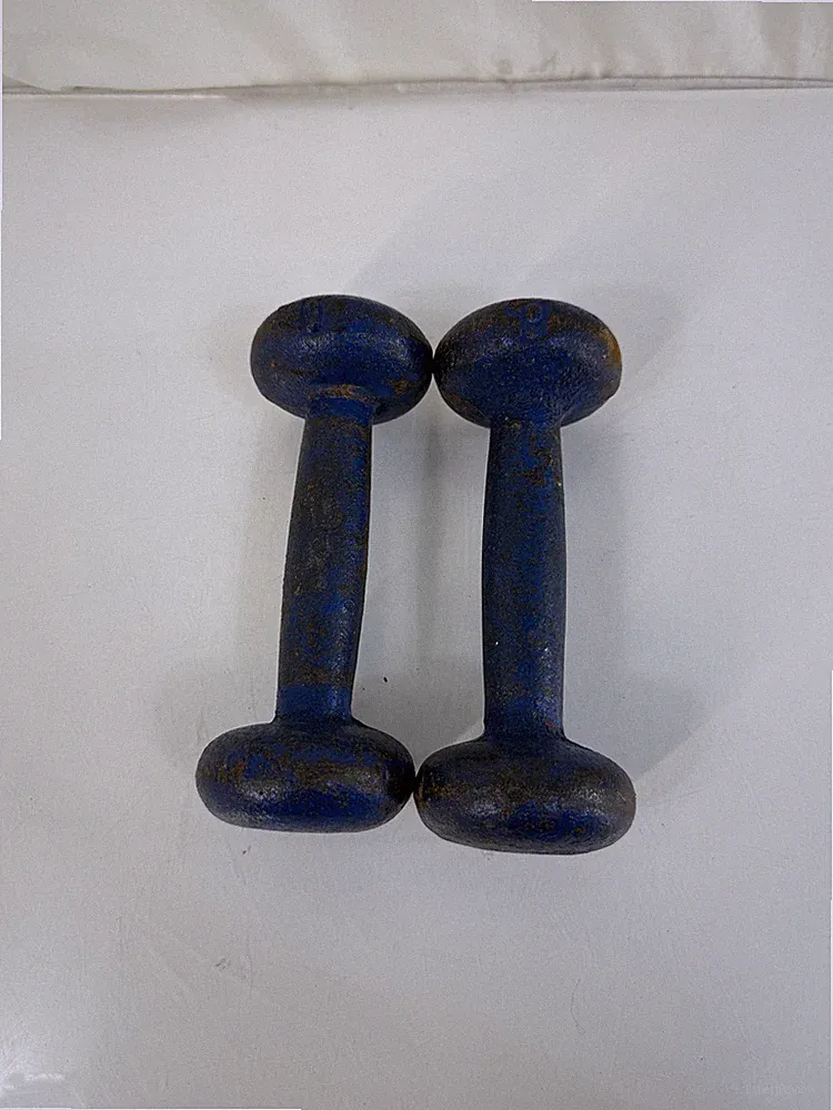 Vintage Pair Cast Iron Dumbbells 3 lb Hand Weights Blue Antique Round Head 6 Lbs