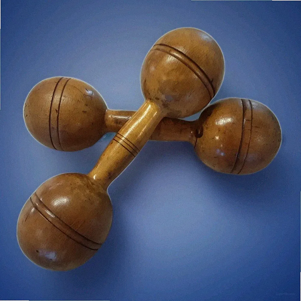 VINTAGE PAIR Large Turned SOLID WOOD DUMBBELL Weights Exercise 1 LB Patina!