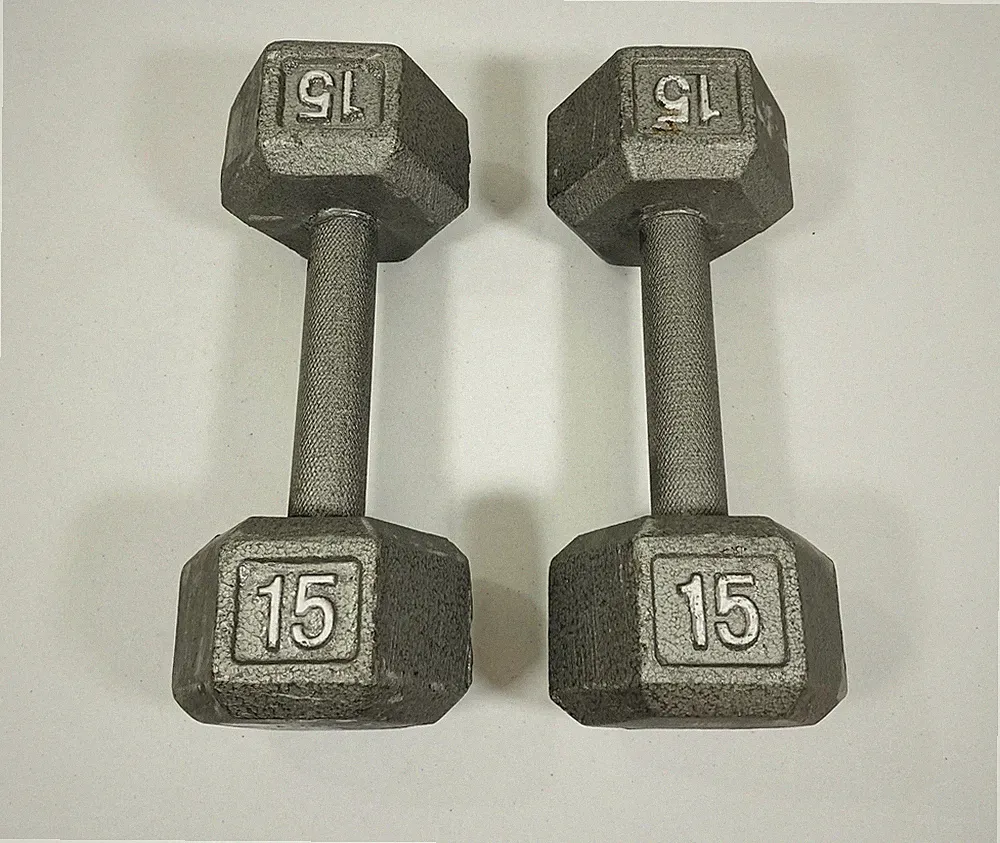 Vintage Pair of 15 Lb. Cast Iron Hex Dumbbells Hand Weights Total 30 Lbs