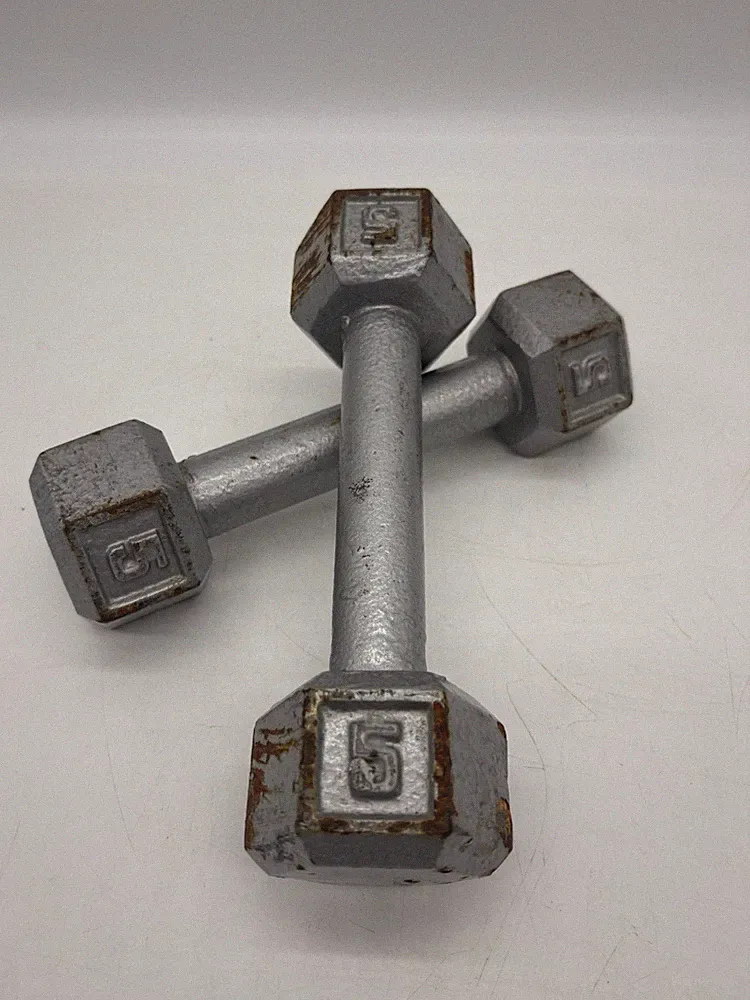 Vintage Pair of 2 Cast Iron 5LB Hex Dumbbells Total 10 Pounds Gym Weights