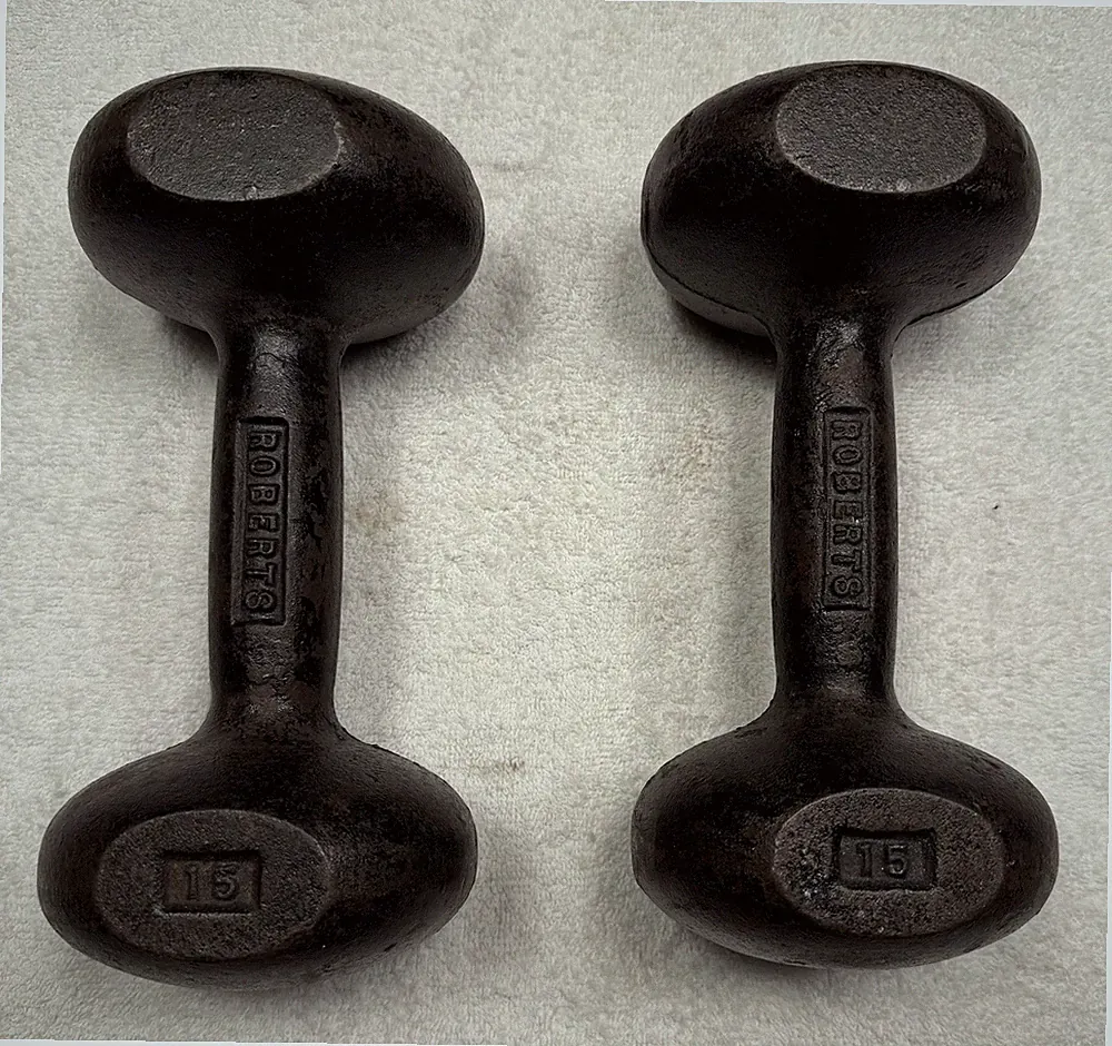 Vintage Roberts Cast Iron 15 lb Bun Dumbbells Pair
