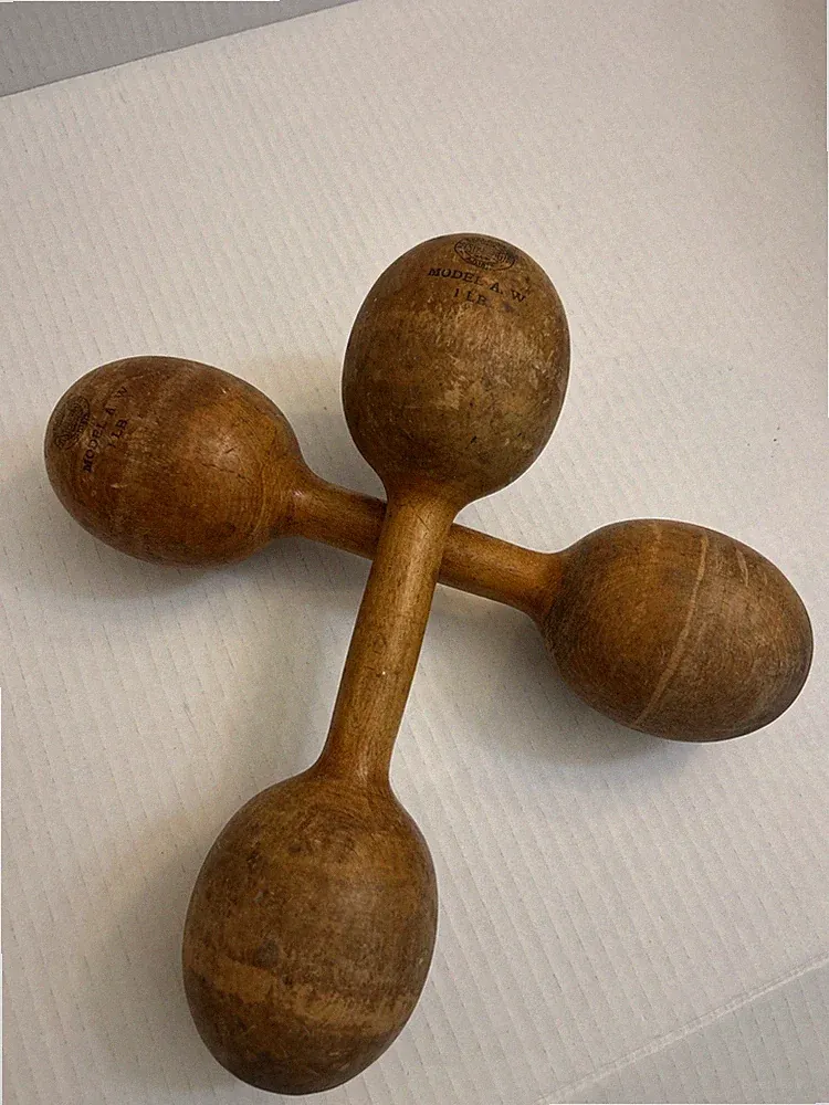 Vintage Set of 2 Wooden Antique Dumbbells Weights Workout Exercise Wood 1 Lb