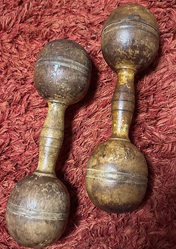 Vintage Set of 2 Wooden Antique Dumbbells Weights Workout Exercise Wood