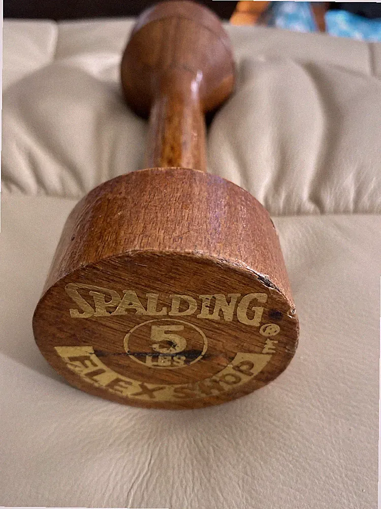 Vintage Spalding Flex Shop Gym Dumbbell Wood grain Steel Hand Weight 5 lbs