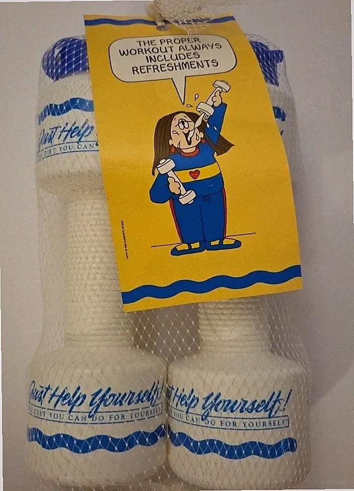 Vintage Water Bottles Dumbells ~ Just Help Yourself Diet Walking Fitness New NOS