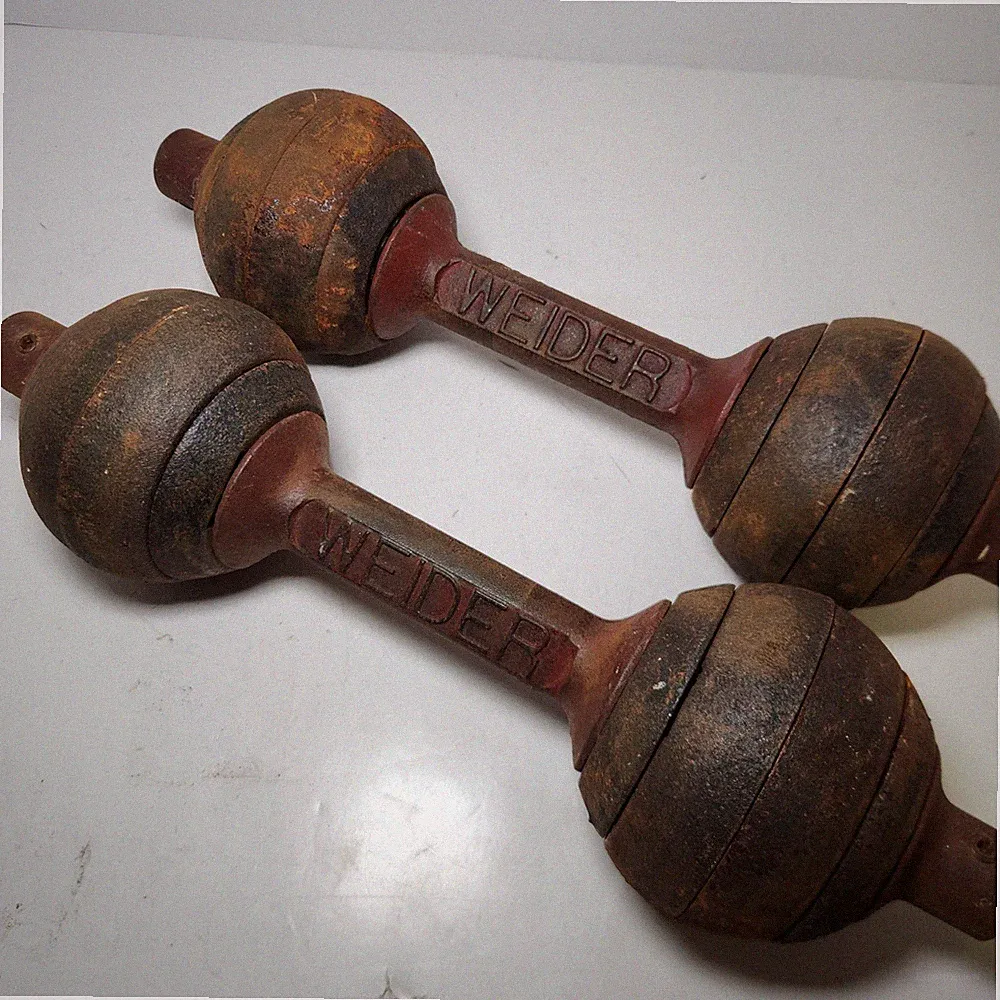 Vintage Weider Cast Iron GOGO Bells Dumbbells Weights Globe 15 lbs Each Rust