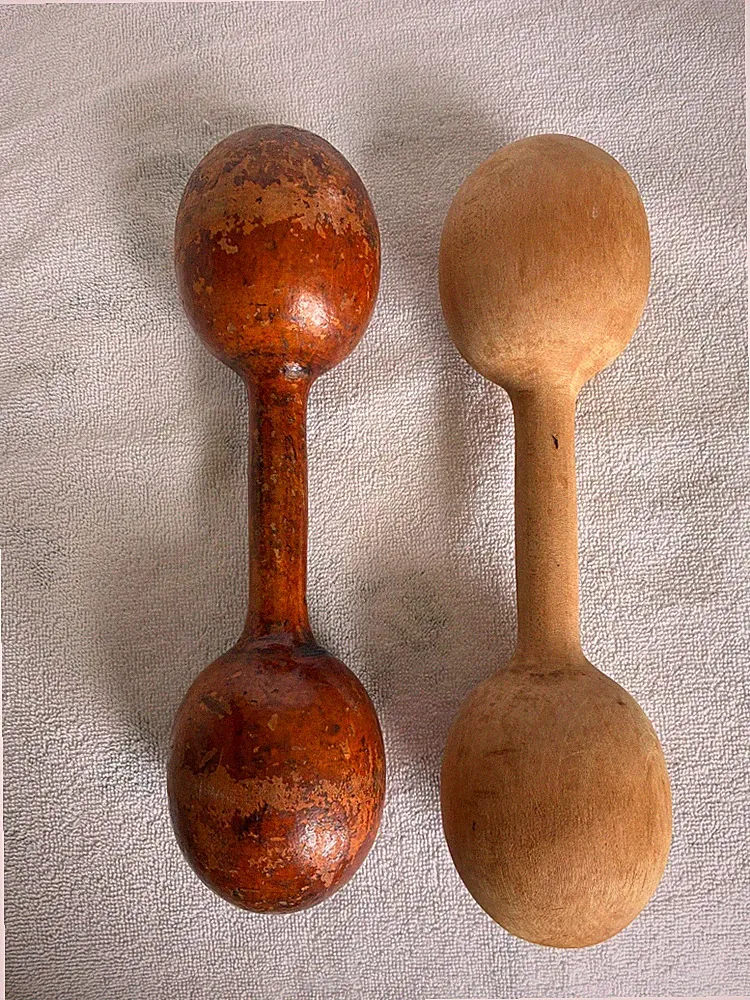 Vintage WOODEN BARBELLS Set of 2 Apprx. 14lb3oz each One needs refinishing
