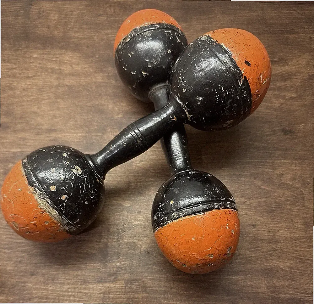 Vintage Wooden Dumbbells Primitive Orange And Black 9.5 Inches