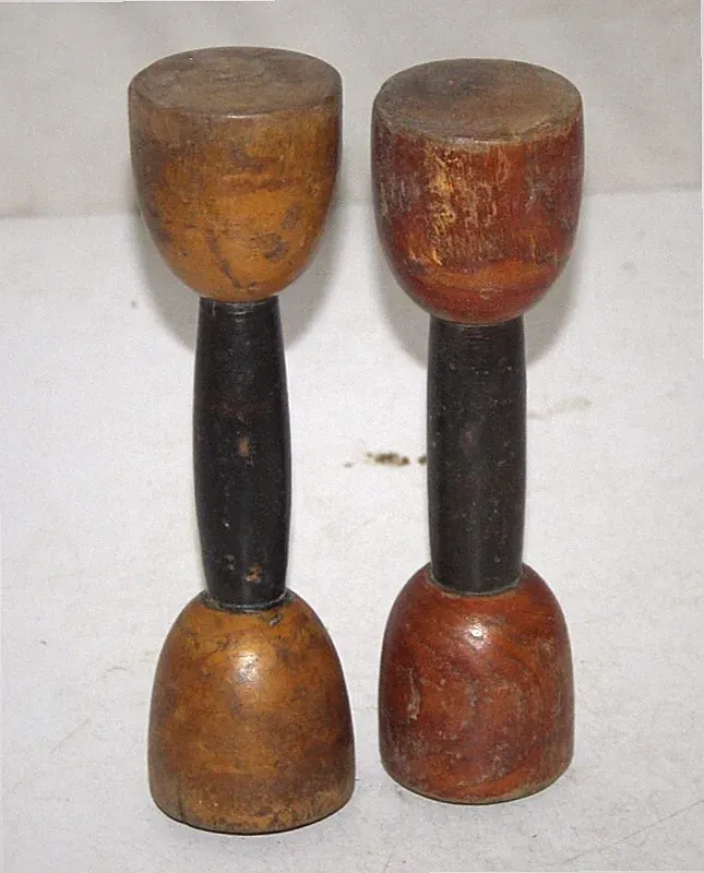Vintage Wooden Hand Crafted Dumbbells Work Outs One Pair