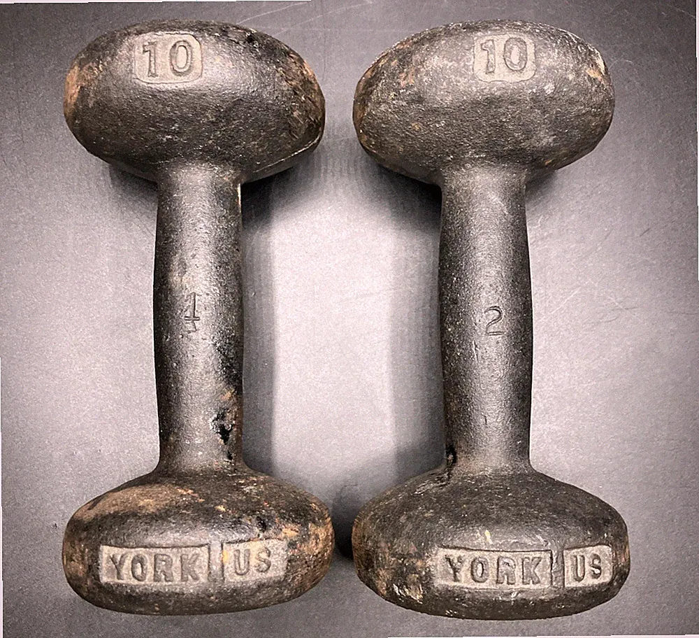 Vintage York 10lb Dumbbells Cast Iron Bun Dumbbell USA Weight Lifting Rare Pair