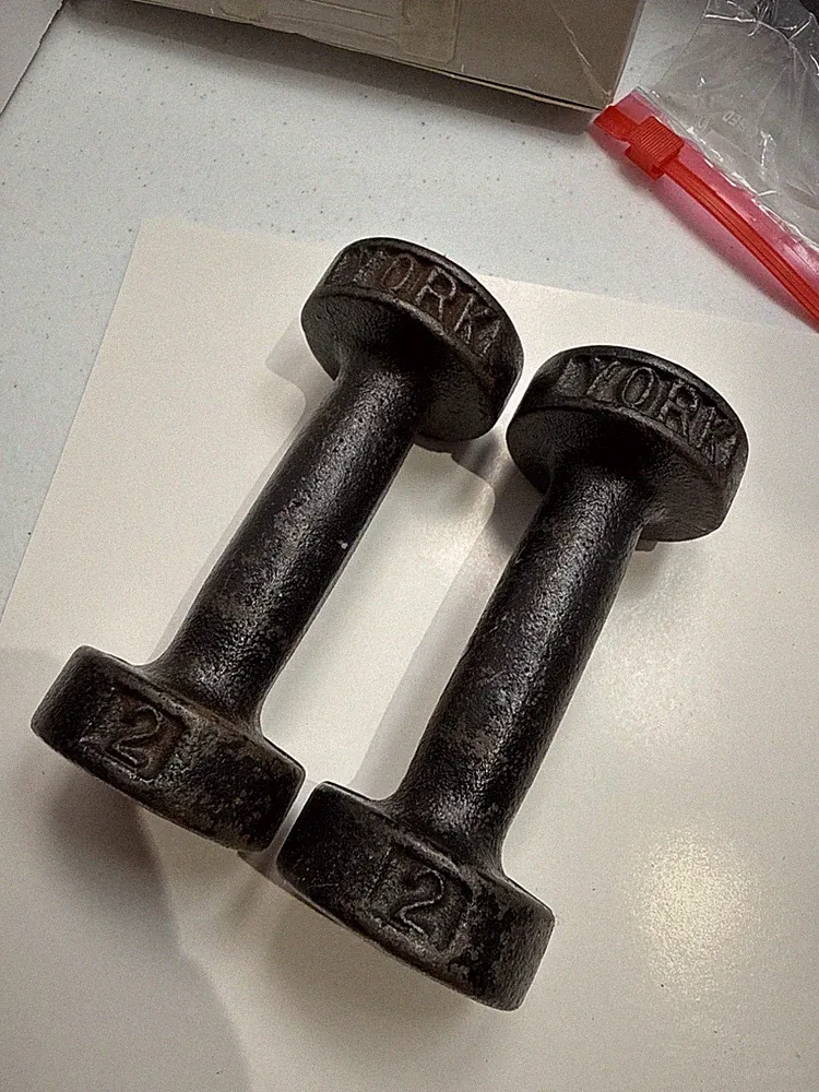 Vintage York 2lb Dumbbell Pair Cast Iron Weights Flat Bottom Black