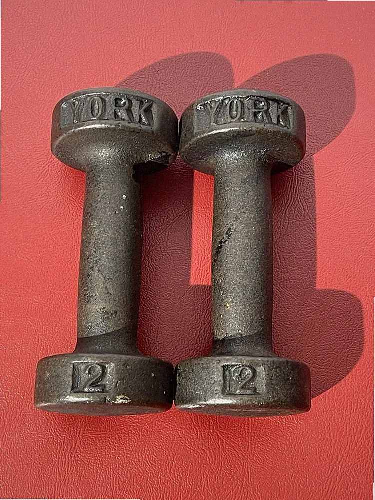 Vintage York 2lb Dumbbell Pair Cast Iron Weights w/ Flat Bottom Black Lot of 2