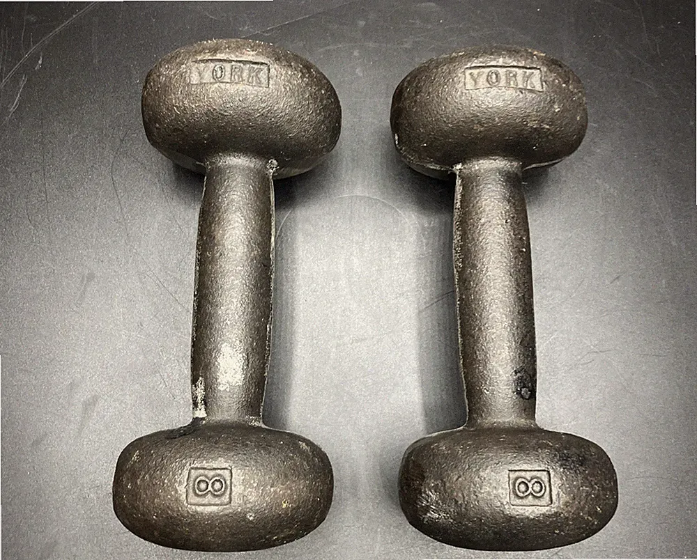 Vintage York 8lb Dumbbells Cast Iron Bun Dumbbell Rare Pair