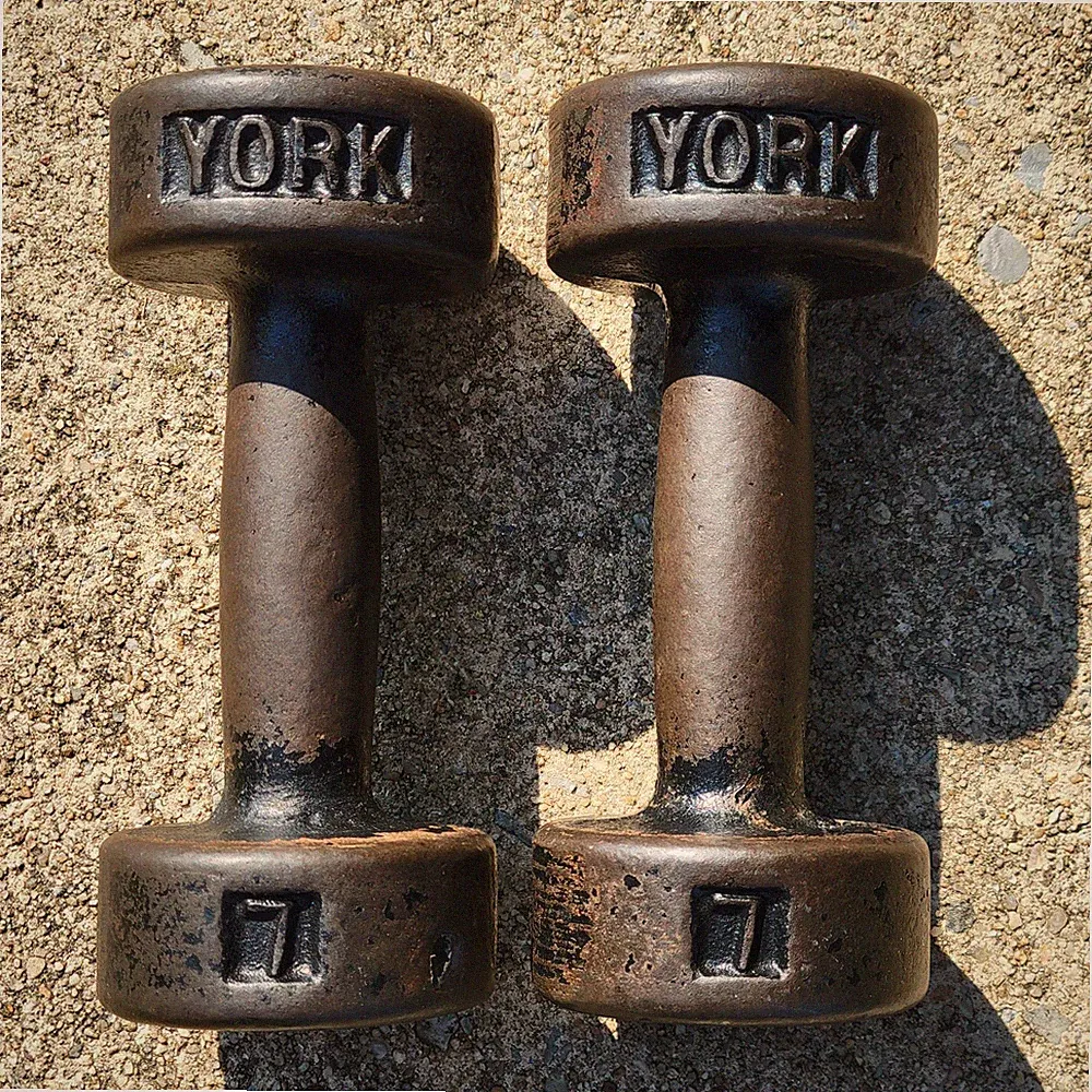 Vintage York Barbell Cast Iron Dumbbells 7 lb Pair Round Flat Head Weight Set US
