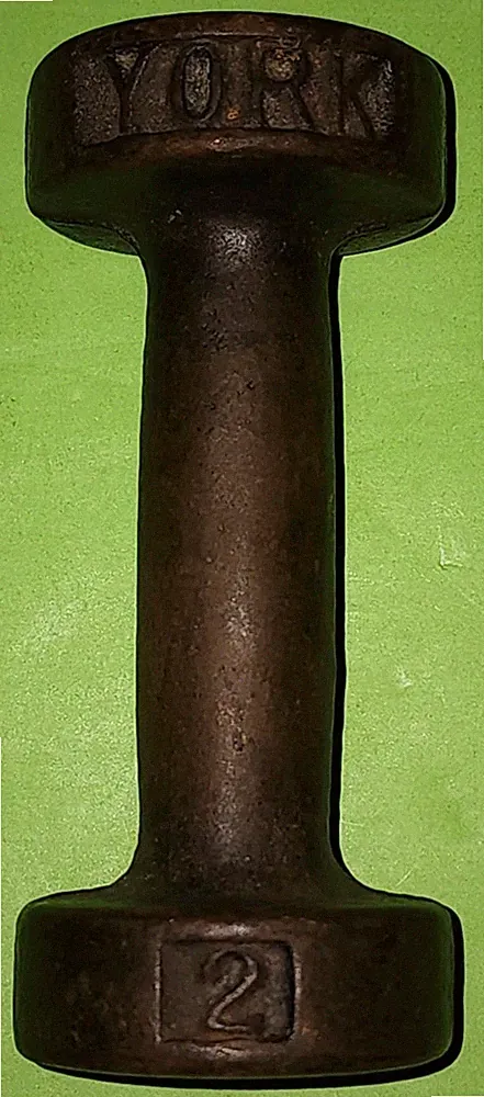 Vintage York Cast Iron 2 lb Flat Edge Round Head Dumbell Nice Condition