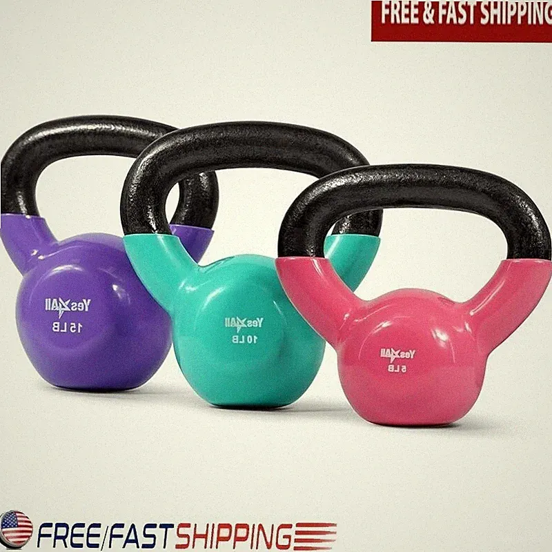 Vinyl Coated Kettlebell Set 5 10 15 Lbs Cast Iron Weight Training Equipment New~