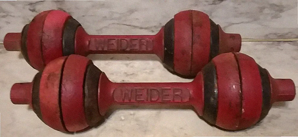 Vntg Matching Pair WEIDER Cast Iron GOGO Bells RED Dumbbells Globe Weights 15lbs