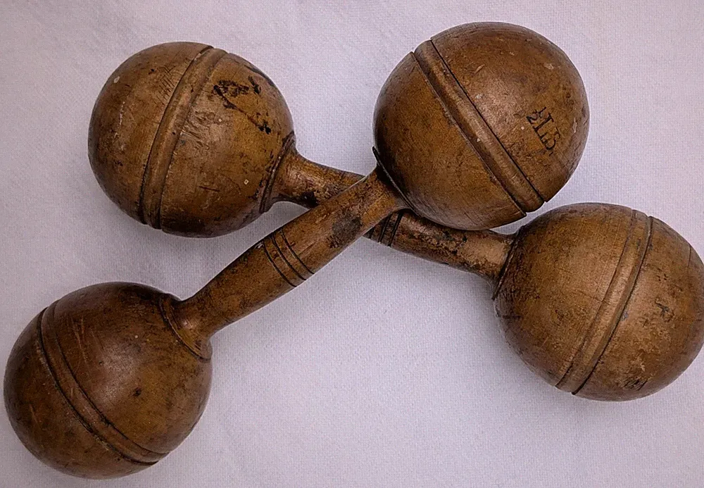 VTG ANTIQUE WOOD DUMBBELLS PAIR EXERCISE HAND WEIGHTS 1/2 LB. PRIMITIVE DECOR