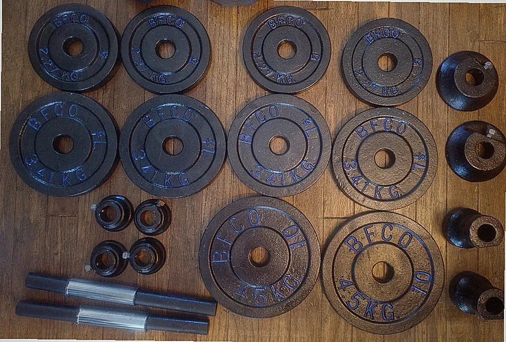 VTG BFCO Cast Iron Dumbbell Set 70lb Plates Handles Collars 1" Vintage Weight