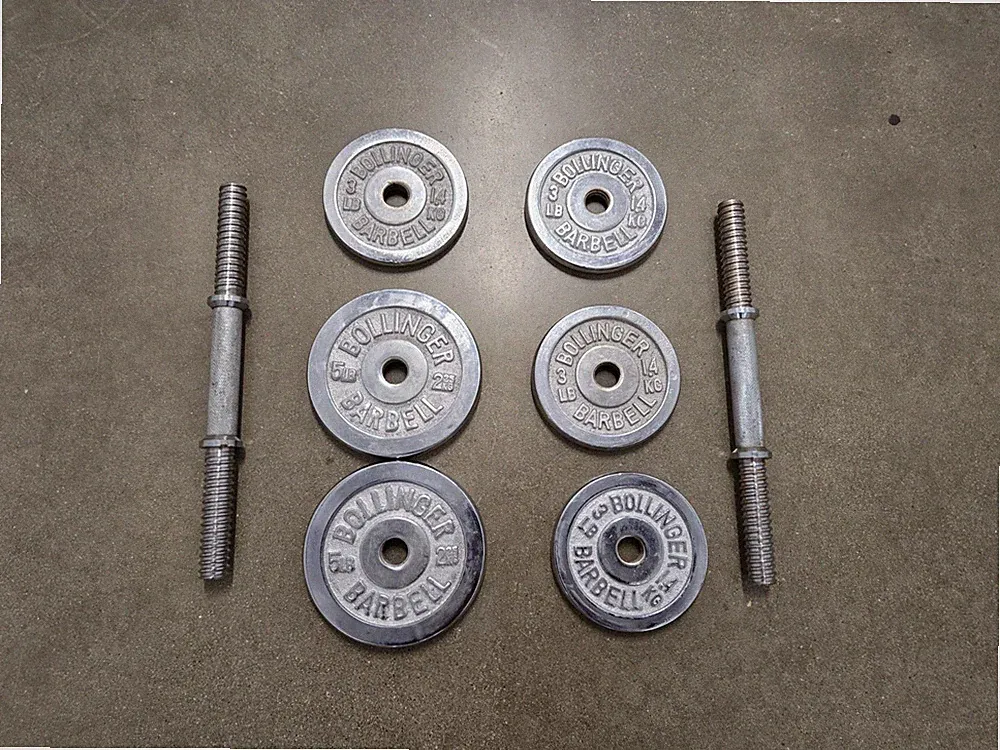 Vtg Bollinger Dumbell 4 Plates Weights 3 lb 1.4kg 2 5lbs 2.25kg Chrome Threaded