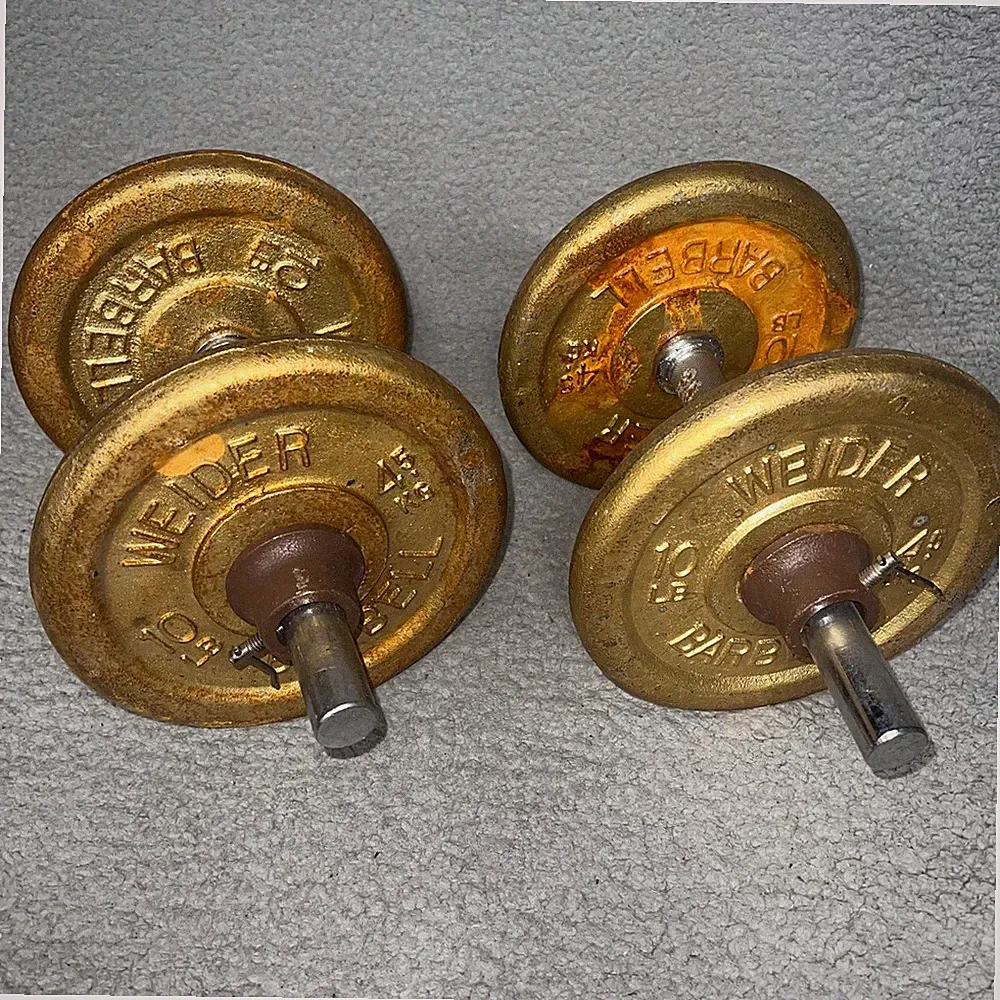 VTG Lot (2) Weider Barbell Dumbbells (4) 10lbs Gold Painted Cast Iron VTG Clamps