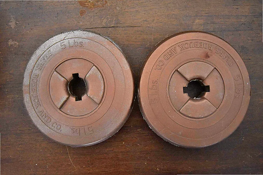 VTG Pair 5lbs Sears Barbell Dumbbell Plastic Weight Plates bronze color