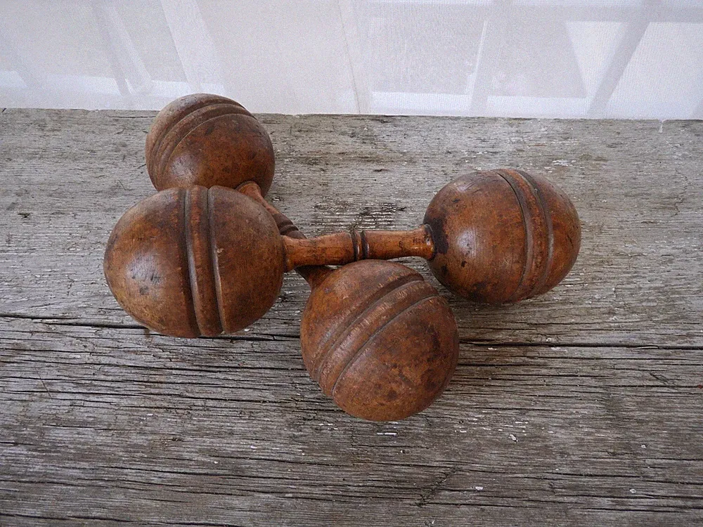 Vtg Primitive Wooden Dumbbell Set