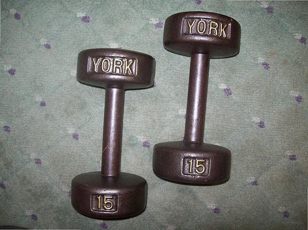 vtg YORK BARBELL 15 lb DUMBBELLS "ROUNDHEADS" BodyBuilding EXERCISE Fitness IRON