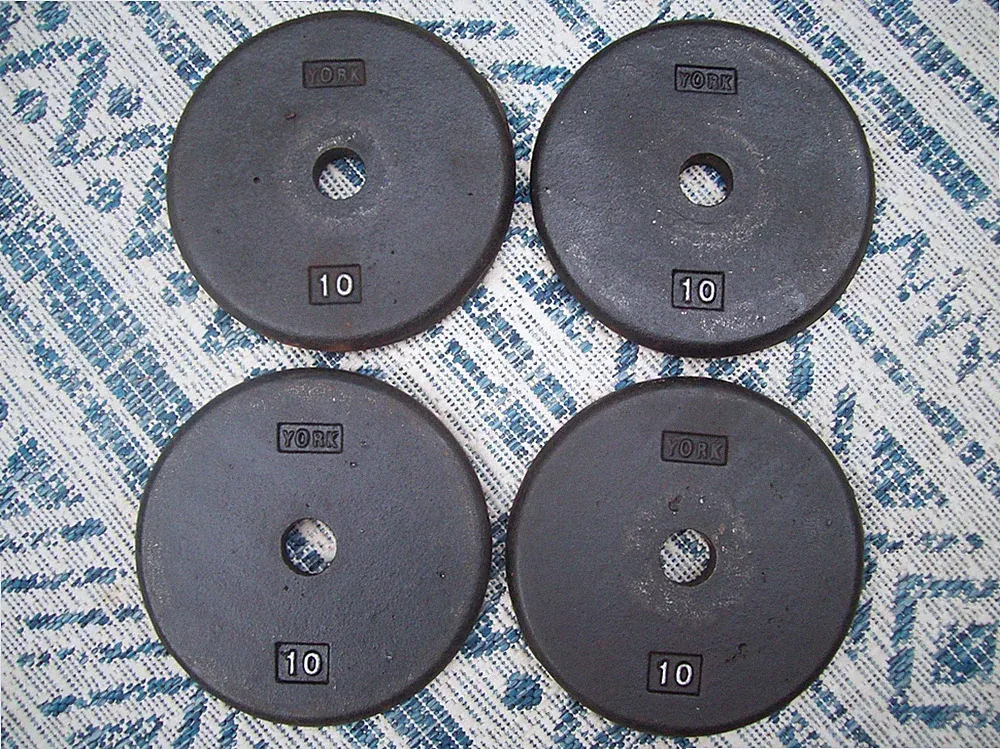 vtg YORK BARBELL "PANCAKE" 10s Bodybuilding fitness STRONGMAN Dumbbells GYM iron