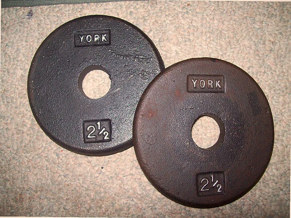 vtg YORK BARBELL "PANCAKE" 2.5s Bodybuilding fitness STRONGMAN Dumbbells GYM ab