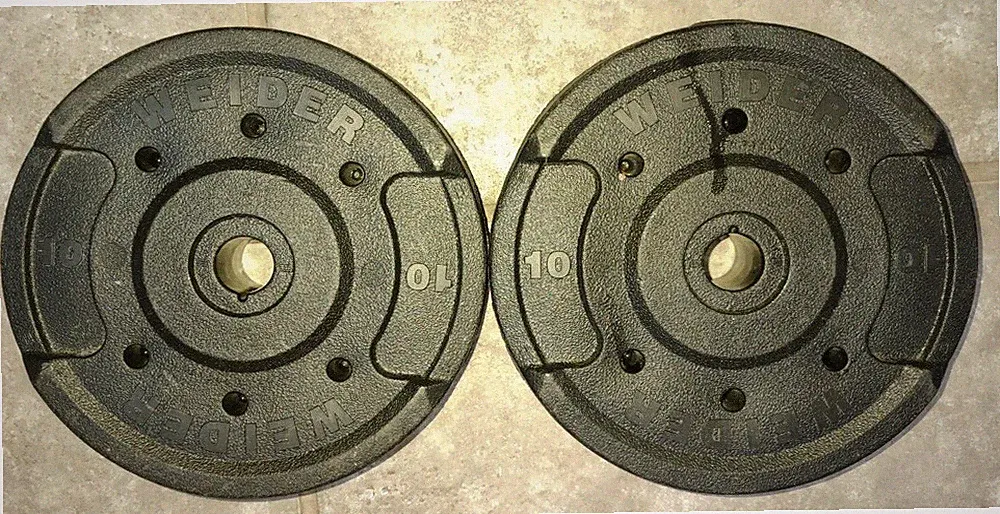 Weider (2)-10lb 9" Round std 1” Hole Vinyl Weight Plates 20lbs Set dumbbells