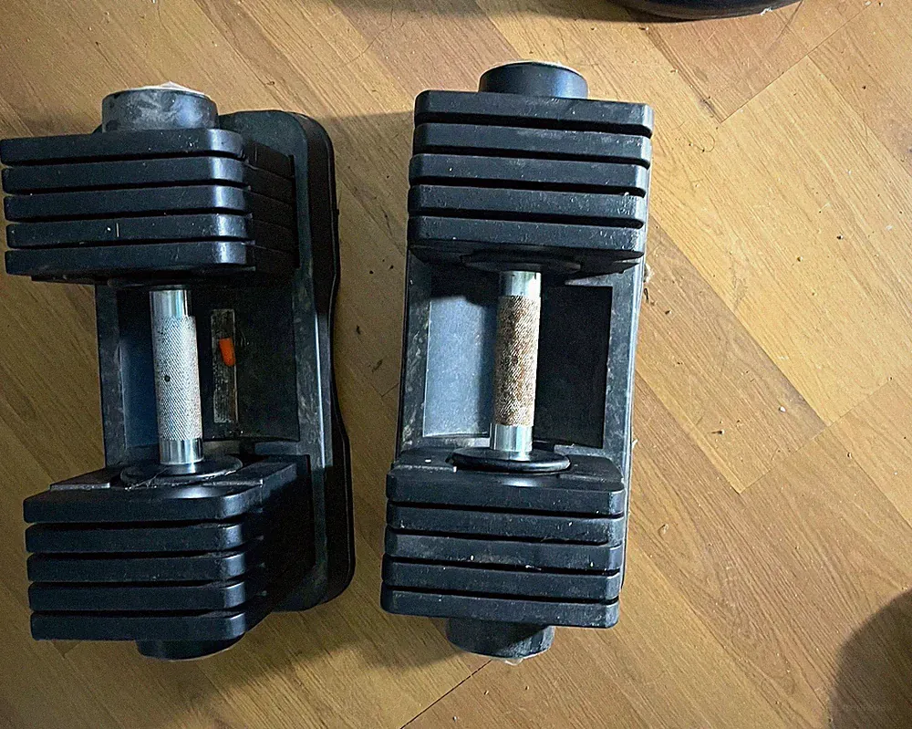 Weider PowerSwitch Adjustable 25 lb Dumbbells Pair w/ Storage Tray, Black