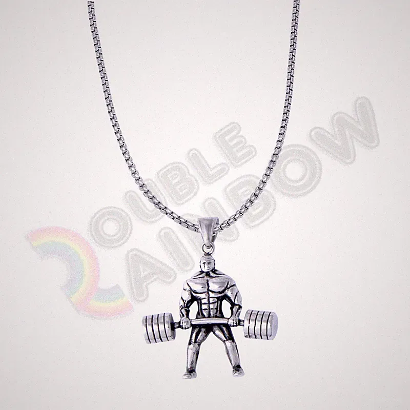Weightlifter Bodybuilding Gym Dumbbell Men Stainless Steel Pendant Necklace*P138