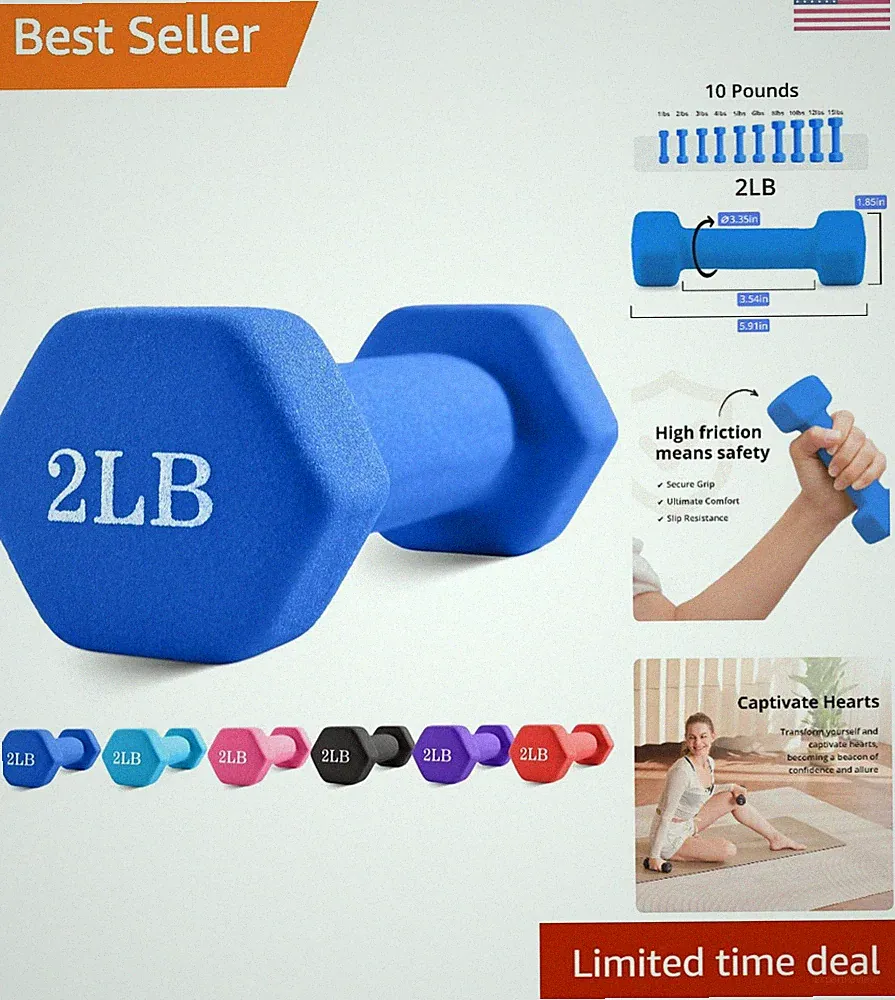 Weights Dumbbells with Neoprene Coating（Single）, 1LB-3LB Anti-Roll, Anti-Slip...
