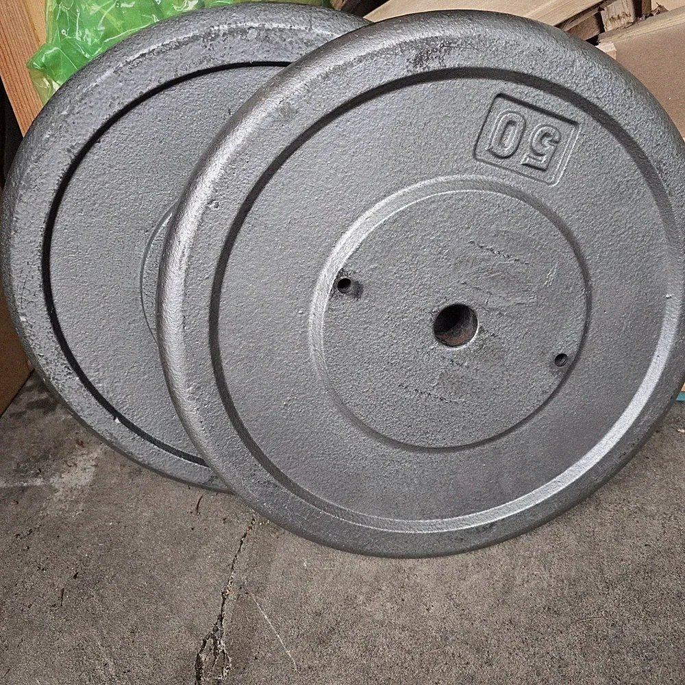 Weights Workout Gym Plates - 2 50lb gray cast iron standard weight discs