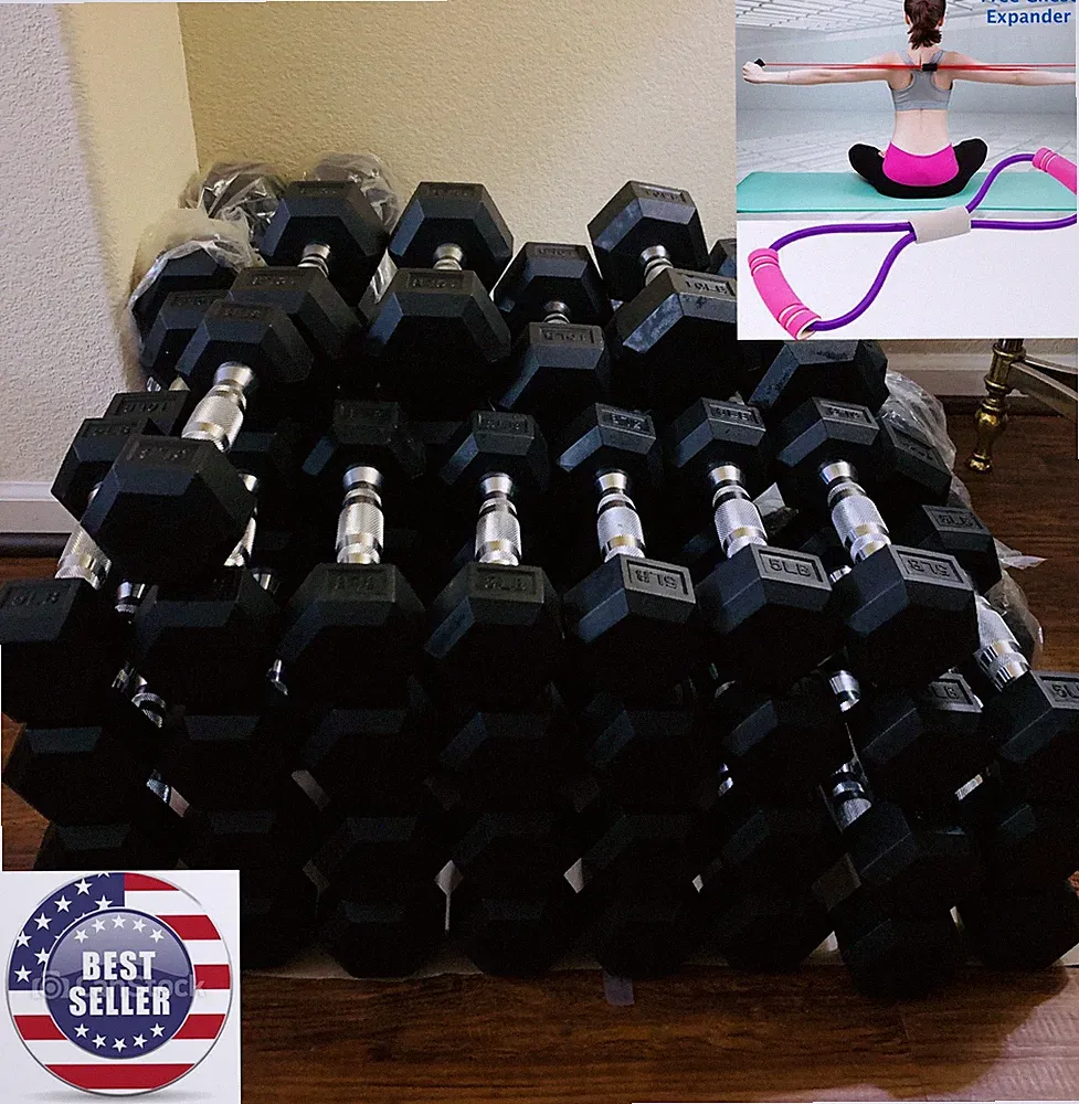 Wholesale - Pair of Rubber Hex Dumbbell, 5-40 lbs - FREE Chest Expander