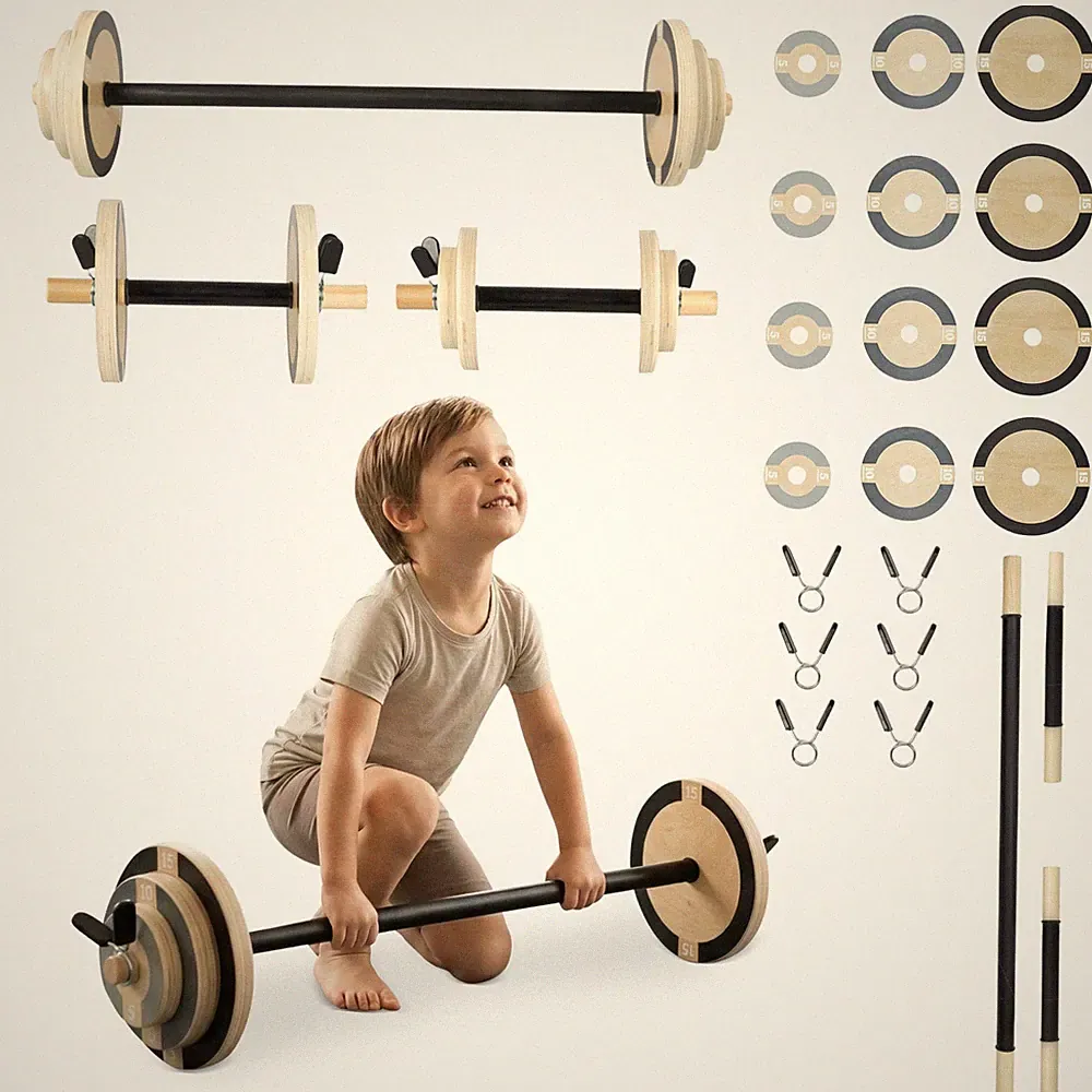 Wood Kids Barbell & Dumbbell Set Kids Workout Equipment for Indoor Toddler Gym