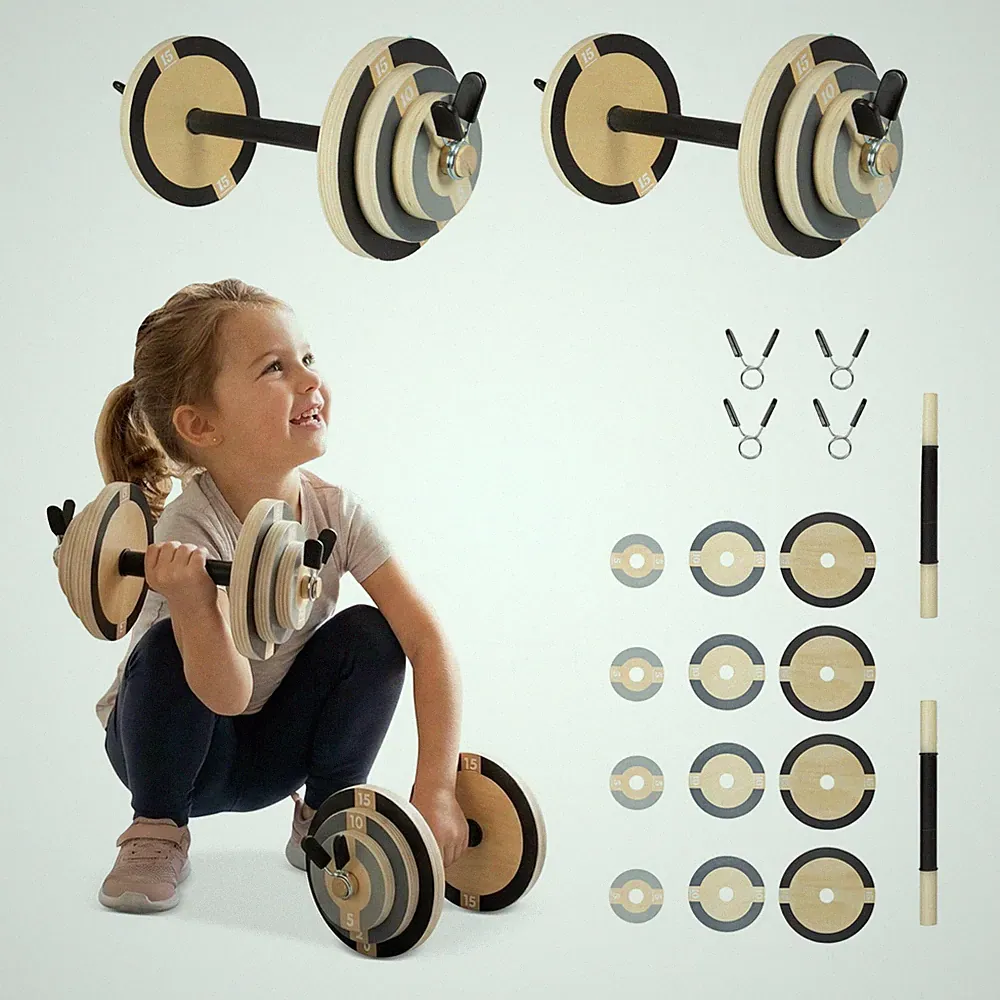 Wooden Kids Dumbbells Set Workout Weight Set Indoor Toddler Gym Barbell Clips