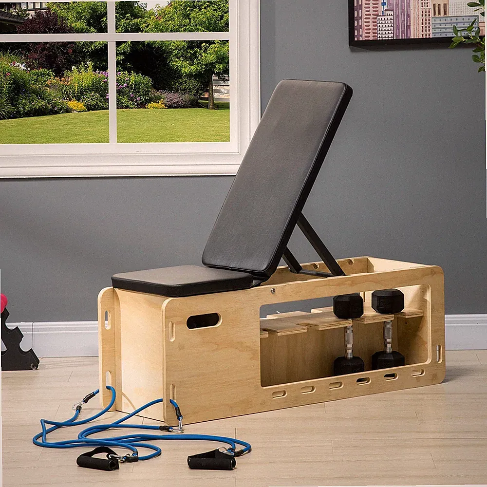 Wooden Weight Bench with Dumbbell Rack & Bands Adjustable Incline Home Gym