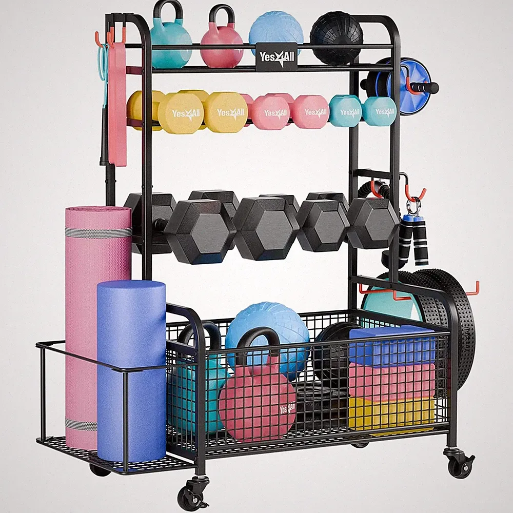Yes4All Dumbbell Storage Rack, Home Gym Equipment Organizer with Wheels & Hooks