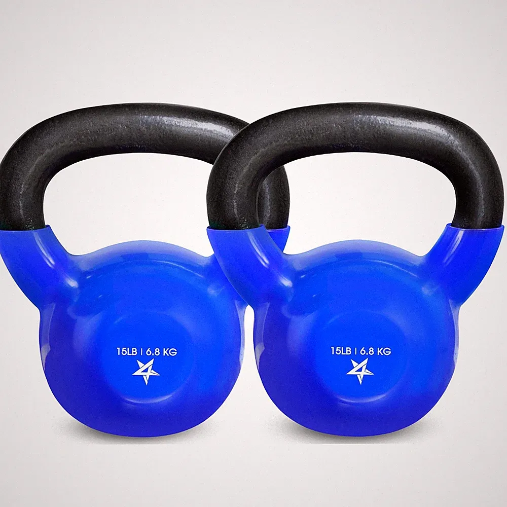 Yes4All Kettlebell 15 lb Vinyl Coated Cast Iron Set of 2 - Blue