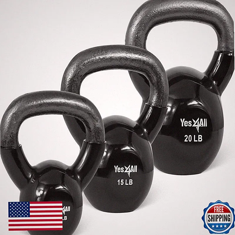 Yes4All Kettlebells 10 15 20 Lbs Set Weight Vinyl Coated Cast Iron For Dumbbell