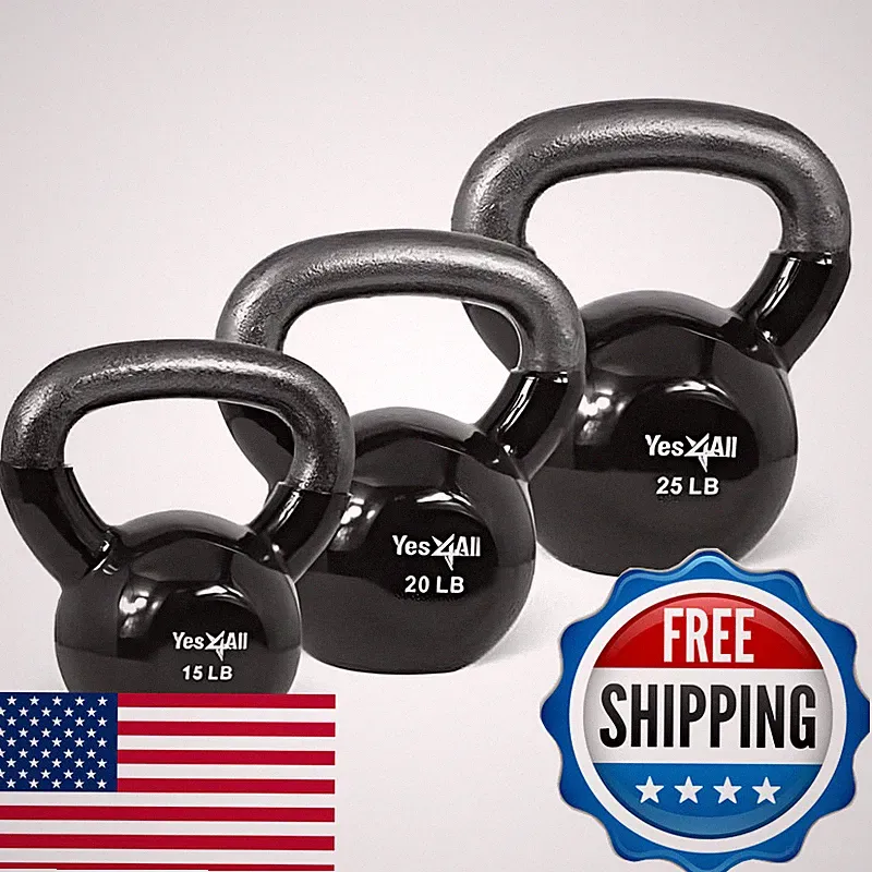 Yes4All Kettlebells 15 20 25 Lbs Set Weight Vinyl Coated Cast Iron For Dumbbell