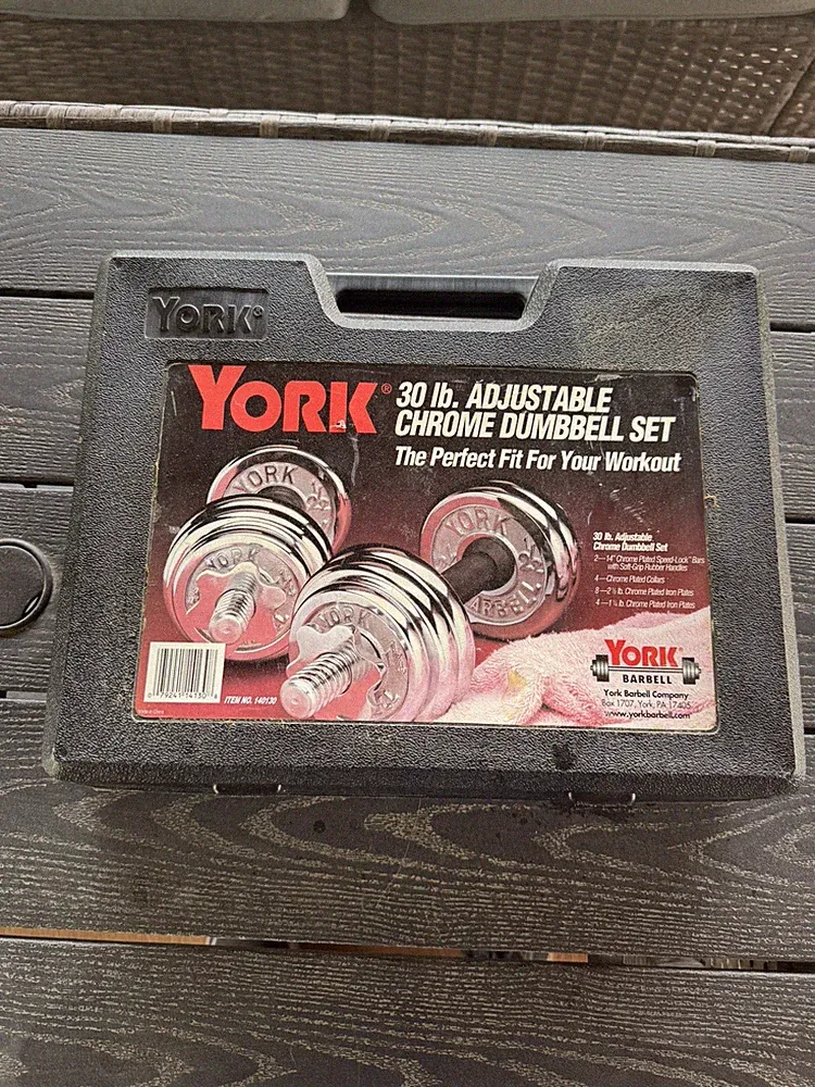 YORK 30 LB Adjustable Chrome Dumbbell Set in Carrying Case Vintage Weights Gym