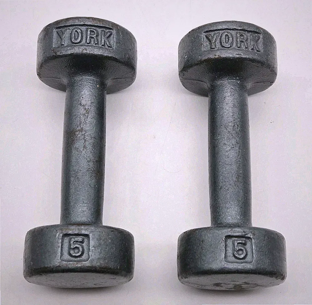York 5lb Dumbbell Barbell Cast Iron Metal Round Head Fat Grip Set of 2 10lb Totl