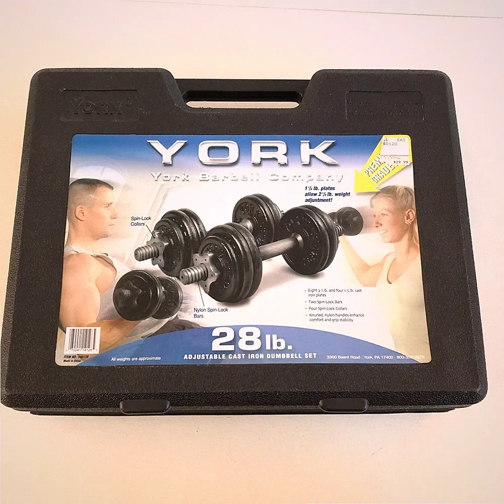York Adjustable Cast Iron Dumbbells 28 lb Weight Set With Carrying Case