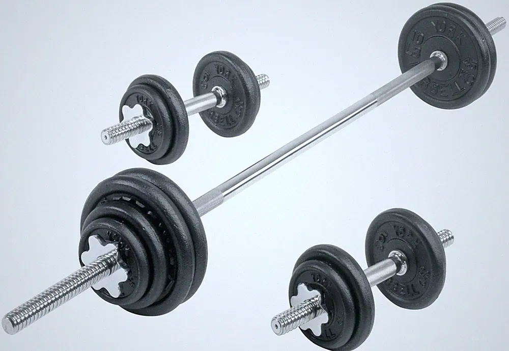 York Barbell 110 lb Contour Cast Iron Spinlock Dumbbell & Barbell Set