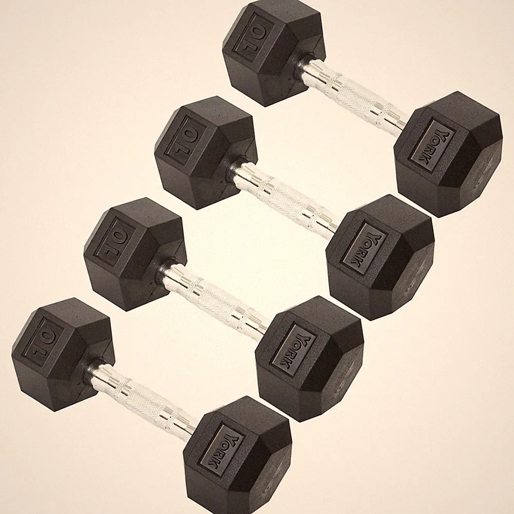 York Barbell Hex Dumbbell Set 10LB Rubber Coated Fixed Weight Dumbbells Pack 4