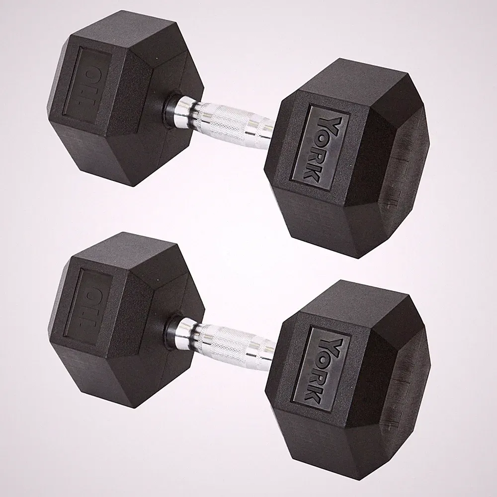 York Barbell Hex Dumbbell Set 110LB Rubber Coated Fixed Weight Dumbbells Pack 2
